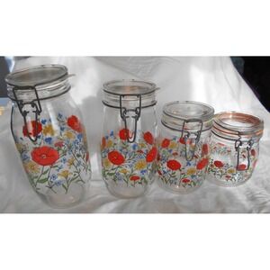 Vintage ARC France Set of 4 Wild Poppy Hinge Lid Glass Canisters R.Carman Rare